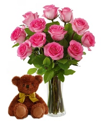 Pink Roses<br> Bear & Vase<br><B>FREE NEXT DAY DELIVERY from Flowers All Over.com 
